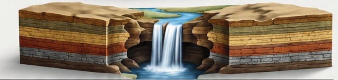 Bloco-diagrama de rio escavando as camadas de rocha e abrindo uma cavidade na camada mais frágil, com cachoeira